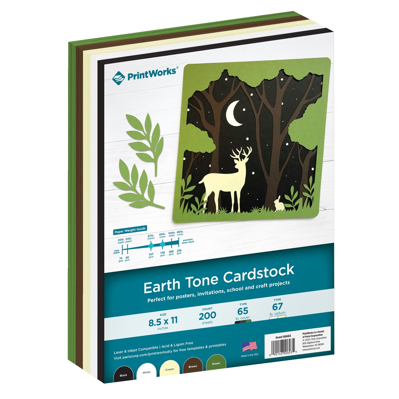 Printworks Earth Tone Cardstock, Includes Black, White, Cream, Brown and Green Cardstock, 8 ½” x 11”, 200 Sheets (00603)